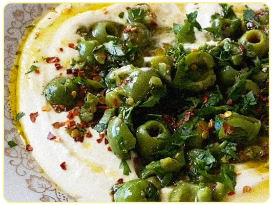 HOT HONEY OLIVES ON WHIPPED FETA
